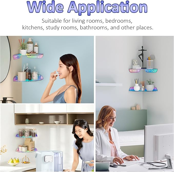 7x7 Inch Corner Shelf Wall Mount Set of 2, Iridescent Acrylic Corner Floating Shelves, Corner Wall Organizer Shelf for Bathroom, Kitchen, Bedroom, Living Room, Dining Room, Office