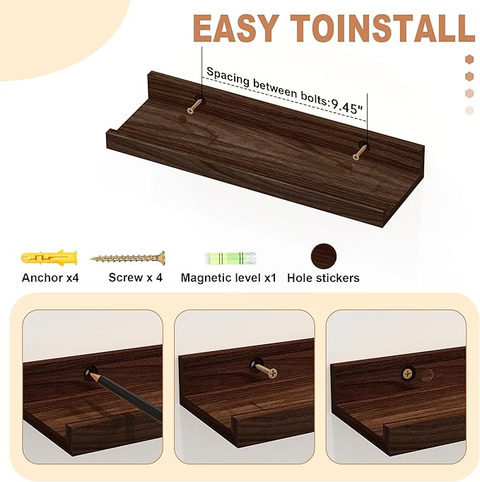 Floating Shelves Wall Mounted Set of 2,Wall Shelves for Decor Storage 15.7 Inch, Wall Mounted Wood Shelves for Bedroom, Living Room, Bathroom, Kitchen, Office, Walnut-NeatNest