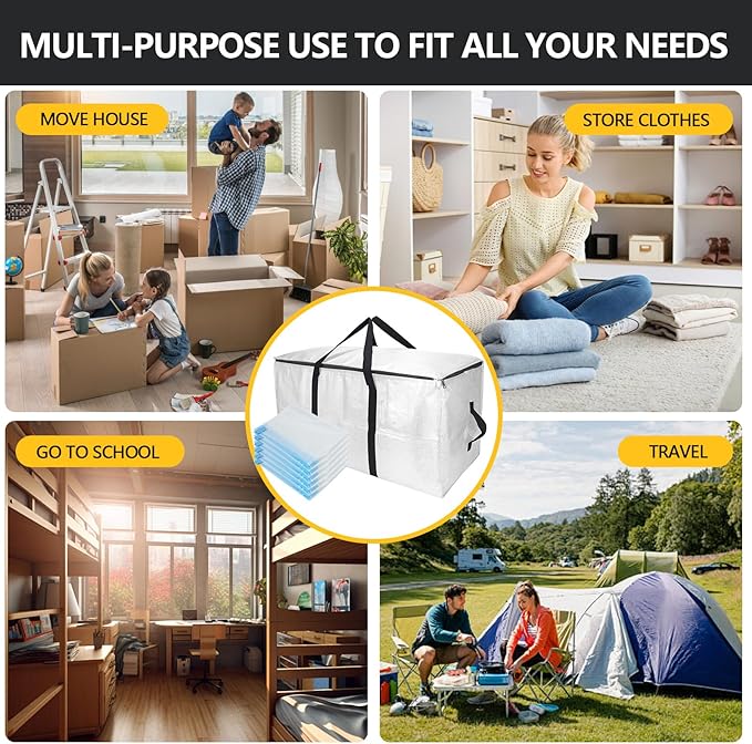 Extra Large Moving Bags with Vacuum Storage Bags Combo – Heavy Duty Totes with Handles & Zippers for Effortless Moving, (Transparent, 12 Park-2 Move bag & 10 Vacuum Seal Bag)
