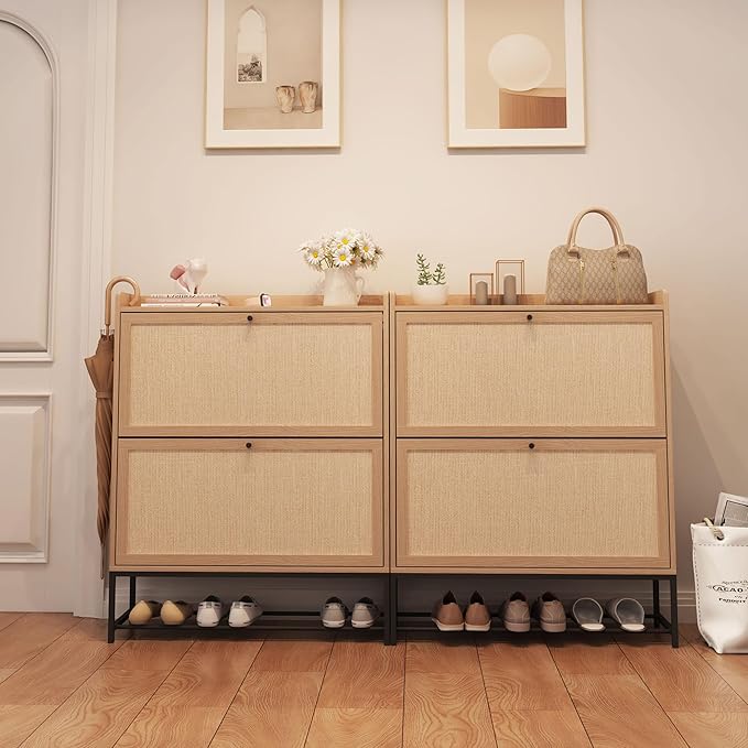 AVZEAR Narrow Shoe Storage Cabinet for Entryway with 2 Flip Drawers, Freestanding Shoe Cabinet with Natural Linen Panel, Slim Wood Shoe Organizer Closed Shoe Rack for Hallway, Foyer(Natural)-NeatNest