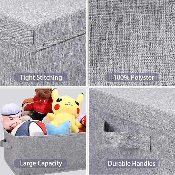 HOONEX Linen Foldable Storage Bins with Lids, 2 Pack, Storage Boxes with Carrying Handles and Sturdy Heavy Cardboard, 16.5" L x 11.8" W x 7.5" H for Shoes, Books, Clothes, Light Grey-NeatNest