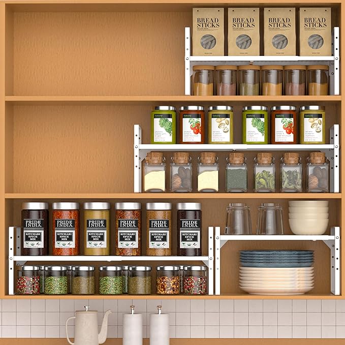 Cabinet Organizer Shelves,Expandable Spice Racks,Countertop Stackable Shelves Space Saving for Pantry,Counter,Under Sink,Inside Cabinet Storage,White,2 Packs-NeatNest