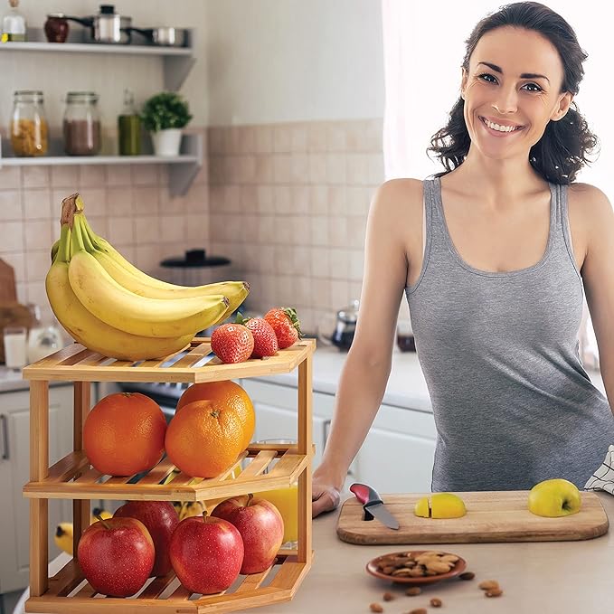 Cabinet Organizer Shelf - Bamboo Corner Rack for Kitchen Counter, Cabinet Space Saver for Plates, Dishes, Bowls, Bread - Pantry and Bathroom Storage or Countertop - Useful Home & Housewarming Gift-NeatNest