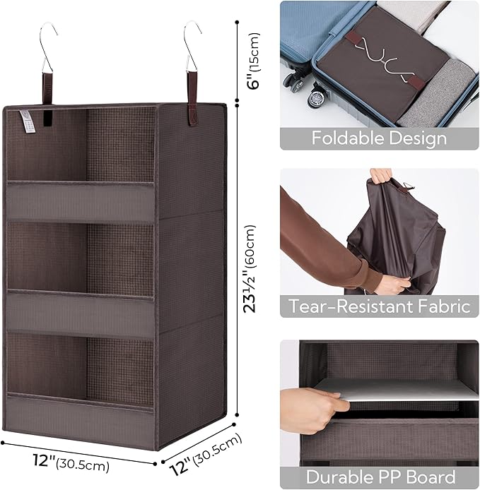 GRANNY SAYS 3-Shelf Closet Organizers and Storage, Foldable Hanging Closet Organizer, Hanging Closet Shelves with 2 Metal Hooks, Leak-Proof Hanging Shelves for Closet, Bedroom, RV, Camper, Dark Brown-NeatNest