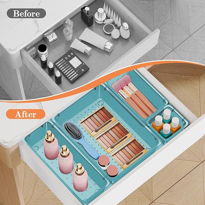 25 PCS Plastic Drawer Organizer Set, 4-Size Versatile Organizer Trays & storage Bins for Makeup, Jewelry, and Gadgets in Bathroom, Bedroom and Office, Sea Blue-NeatNest