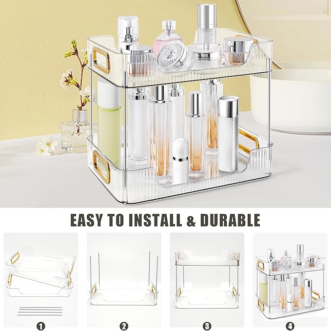 2-Tier Bathroom Counter Organizer Countertop Storage, Dresser Organizer Vanity Tray for Makeup, Perfume Organizer Cosmetics Skincare Shelf - Clear-NeatNest