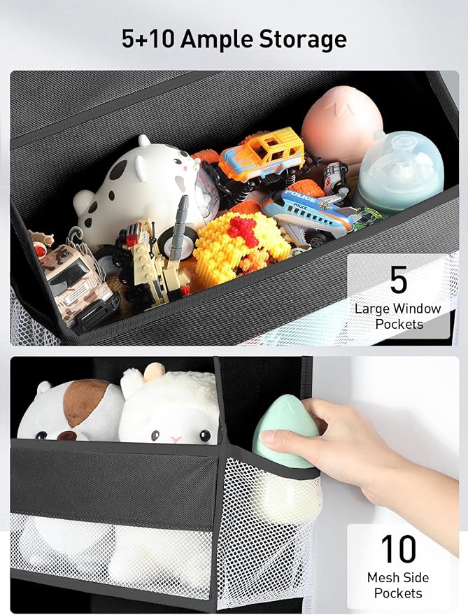 Yecaye 1 Pc Over the Door Organizer with 5 Bins 10 Side Pockets, 44lbs Load Hanging Bathroom and Bedroom Organizer, behind the Door Hanging Organizers for Nursery Newborn Baby Essential Stuff Black-NeatNest