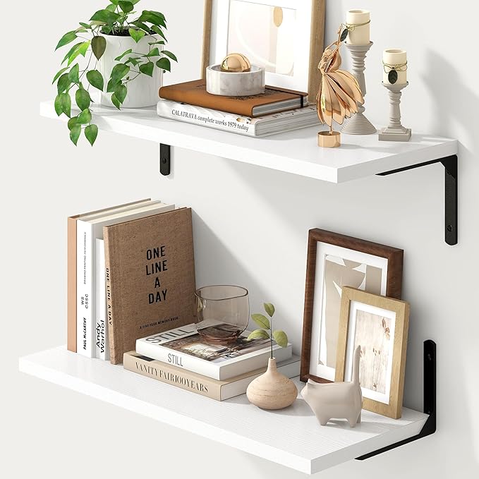 Fun Memories Deep Floating Shelves, 24W x 8D Floating Shelves Set of 2, Wall Mounted Shelf with Metal Brackets, Rustic Wood Wall Shelf for Bathroom, Kitchen and Living Room, White-NeatNest