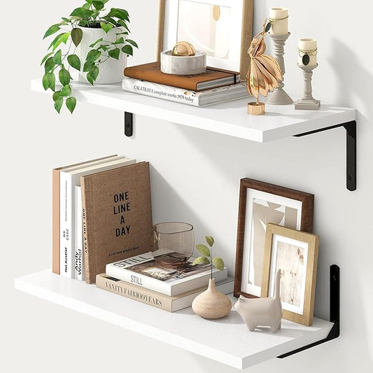 Fun Memories Deep Floating Shelves, 24W x 8D Floating Shelves Set of 2, Wall Mounted Shelf with Metal Brackets, Rustic Wood Wall Shelf for Bathroom, Kitchen and Living Room, White-NeatNest