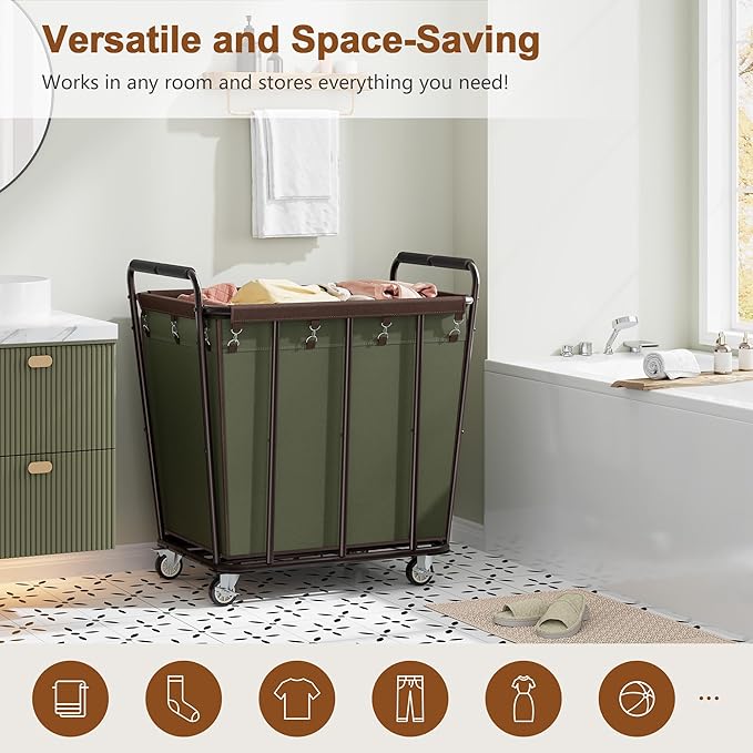 Hoctieon Large Laundry Cart with Wheels, 400L Heavy Duty Laundry Basket Organizer, Rolling Hamper Sorter for Clothes Storage, Industrial Dirty Clothes Hamper for Home & Hotel, Green+Brown-NeatNest