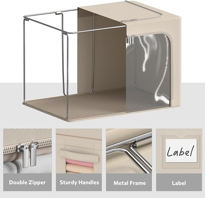 4 Pack Clothes Storage Bins - Oxford Fabric Metal Frame Storage Box - Foldable Stackable Container Organizer Set with Clear Window & Carry Handles & Zippers (Beige, 15.7"x11.8"x11.8")-NeatNest