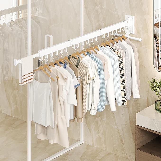 Wall Mounted Clothes Hanger,Clothes Drying Rack,Laundry Drying Rack,Clothes Rack Wall Mount,Drying Rack Clothing,Retractable,Collapsible,can Fold Upward & Left & Right (Upgrade-White)