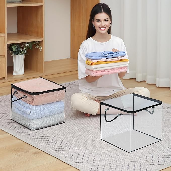 10 PCS Clear Zippered Storage Bags with Handles,Sweater Storage with Two-Way Zipper,Foldable Closet Organizer Bed Sheet Organizer,Cube Plastic Organizer,Bag,Bin for Clothes,Towel-BK-NeatNest