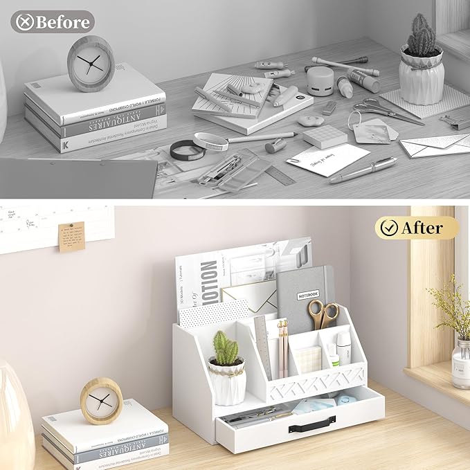 Bamboo Desk Organizer with Drawers, Mail Organizer Countertop Wood Desk Drawer Tabletop Storage Organization Pen Holder Letter Sorter Makeup Organizer for School Home Office (White)-NeatNest
