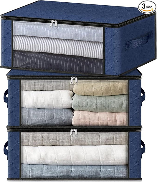 HomeHacks Storage 3-Pack Clothes Organizer Storage Bags Foldable Storage Box with Large Clear Window Sturdy Handles for Closet, Dorm, Pillows, Bedding, Clothes, Blankets, 35L, Blue-NeatNest