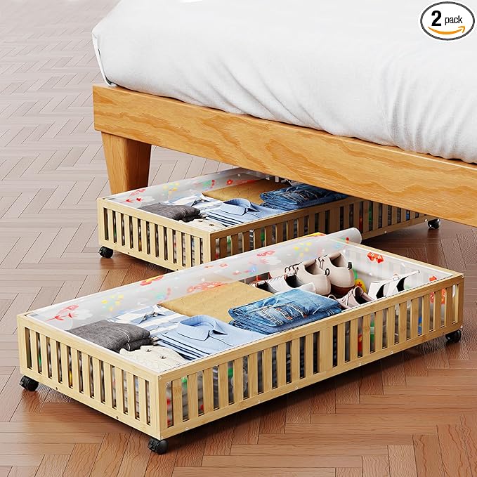 2Pack Bamboo Under Bed Storage Containers, UnderBed Storage with Wheels & 90L Large Capacity Dust Bag, Sturdy Rolling Under Bed Clothes Storage for Shoes Toy Book, Nature (37.48" × 20.08")-NeatNest