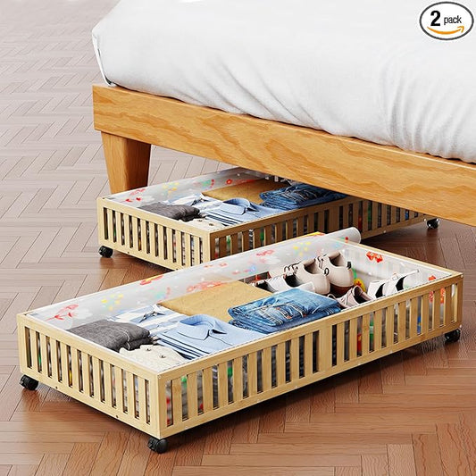 2Pack Bamboo Under Bed Storage Containers, UnderBed Storage with Wheels & 90L Large Capacity Dust Bag, Sturdy Rolling Under Bed Clothes Storage for Shoes Toy Book, Nature (37.48" × 20.08")-NeatNest