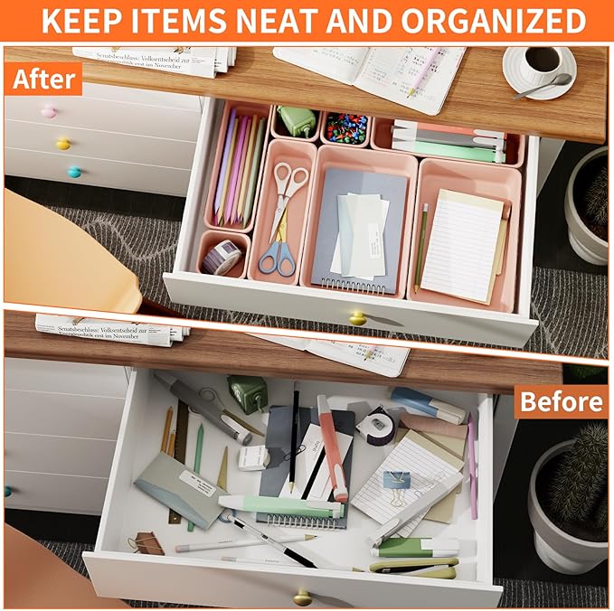 45 Pack Pink Plastic Drawer Organizer Trays - 3-Size Storage for Kitchen, Bathroom, Office, Vanity, Makeup, Utensils, Junk Drawer Organizer Bins, Gadget Trays-NeatNest