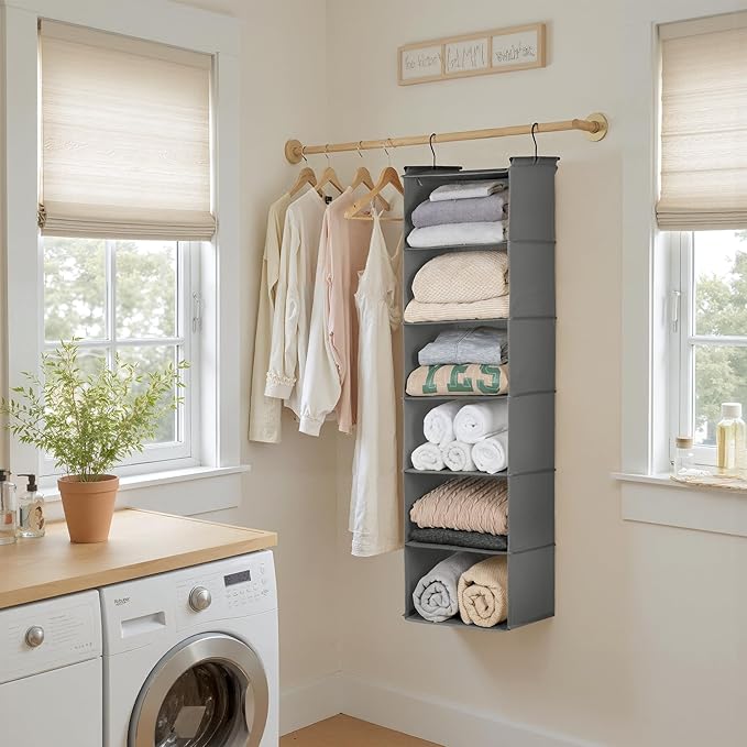 GRANNY SAYS 6 Shelf Hanging Closet Organizers and Storage, Collapsible Closet Hanging Organizer with 2 Sturdy Hooks, Large Hanging Shelves for Closet, Bedroom, Dark Gray-NeatNest