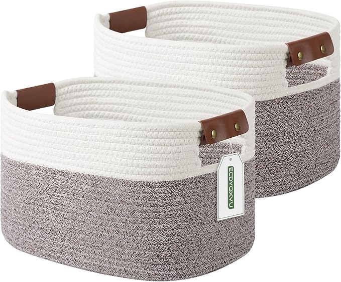 Cotton Rope Basket , Storage Baskets with Handle, 15x10x9 Inch Woven Basket for Shelves, Laundry, Towels, Clothes, Books, Toys (White Brown 2 Pack)-NeatNest