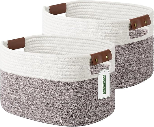 Cotton Rope Basket , Storage Baskets with Handle, 15x10x9 Inch Woven Basket for Shelves, Laundry, Towels, Clothes, Books, Toys (White Brown 2 Pack)-NeatNest