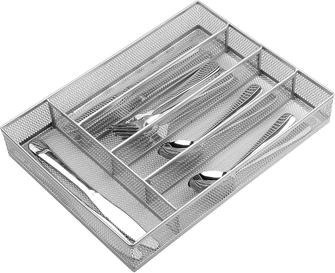 JANE EYRE Drawer Organizer, Cutlery Tray Silverware Flatware Storage Divider for Kitchen, Mesh Wire with Non-slip Foam Feet, 5 Component, Silver-NeatNest