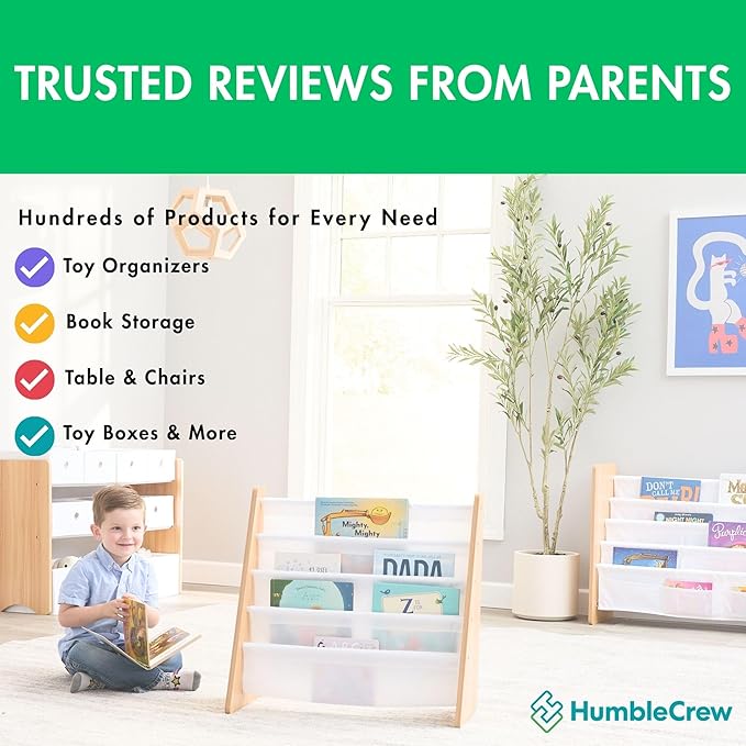 Humble Crew 4-Tier Kids Bookshelf, Natural Wood/White - Premium Book Shelf for Kids Rooms with Four Deep Pockets - Toddler Sling Book Rack with Deep Sleeves, Nursery Bookcase Organizer