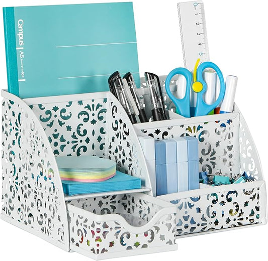 EasyPAG Desk Organizer with Sliding Drawer - 6 Compartments Metal Desktop Caddy, Decorative Elegant Hollow Flower Design, Anti-Scratch Pads for Home, Office, School, White-NeatNest