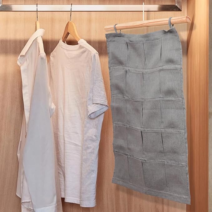 100% Linen Hanging Storage Bag with 20 Pockets, Wall Hang Over The Door Closet Organizer for Socks Underpants, Gray