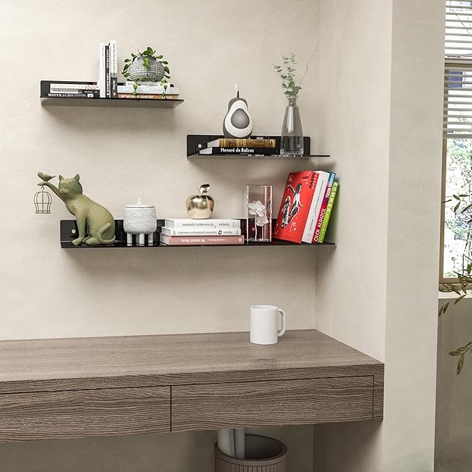 15 Inch Black Acrylic Wall Shelves 4 Pack, L Shape Floating Shelf, Corner Shelf, Perspex Wall Mounted Space Saver-NeatNest