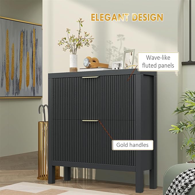 Modern 2-Tier Flip Drawer Shoe Cabinet, Freestanding Hidden Slim Narrow Shoe Rack Cabinet, Wooden Large Capacity Shoe Storage Cabinet Shoe Organizer, for Entryway, Hallway, Black-NeatNest
