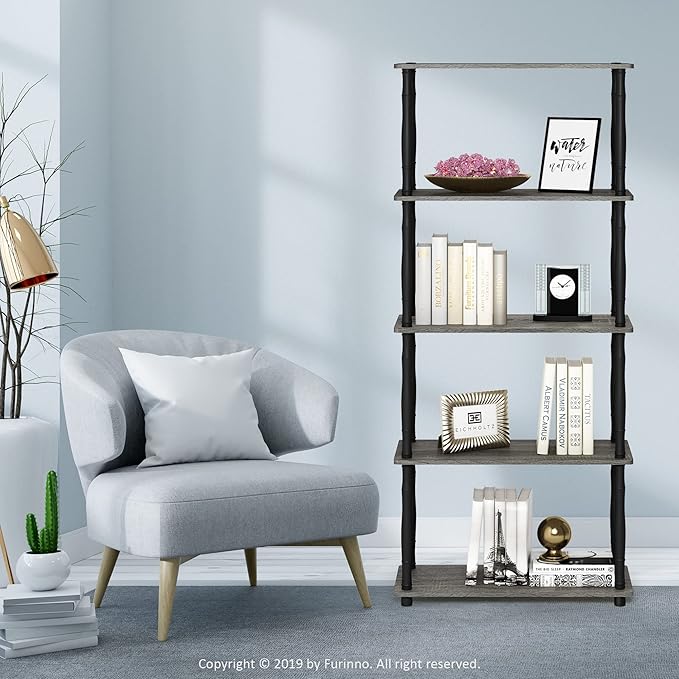 Furinno Turn-N-Tube 5-Tier Multipurpose Shelf Display Rack with Classic Tubes, French Oak Grey/Black-NeatNest