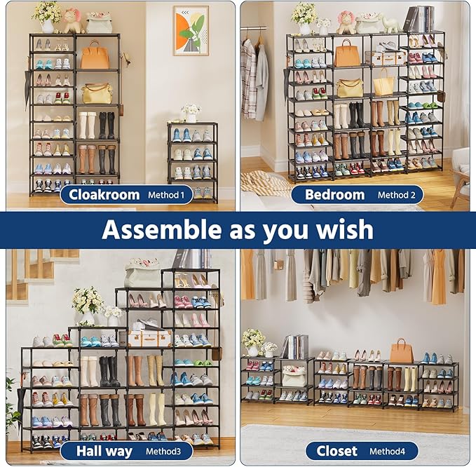 Shoe Rack Large Capacity 4 Rows 10 Tier for 60-64 Pairs, Space Saving Shoes Sturdy DIY Storage Organizer Shelf for Entryway, Garage, Closet, Bedroom, Black-NeatNest