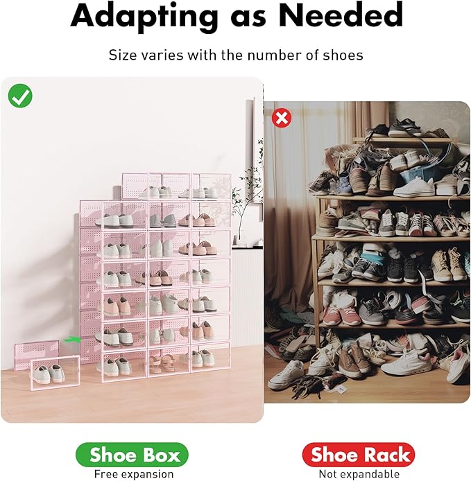 Shoe Storage Box, 15 Pack Clear Plastic Stackable Shoe Organizer for Closet, Interlocking Design Shoe Container Bins for Sneakers, Foldable Shoe Rack with Lids, Pink-NeatNest