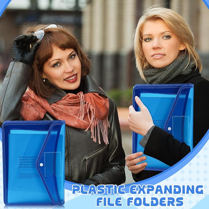 4 Pack A4 Expanding Plastic File Folders Waterproof Document Organizer with Snap Button Multiple Pockets, Office Home Office Storage (Blue)