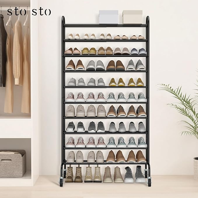STO STO Expandable Shoe Rack, 10-Tier Metal Tall Shoe Rack for Garage, Up to 44 Pairs Adjustable Shoe Rack Storage for Front Door Entrance, Free Standing Shoe Rack Organizer for Entryway, Black-NeatNest