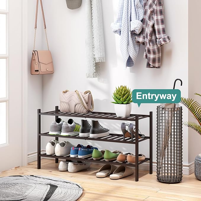 Long Shoe Rack, Bamboo Wood Shoe Rack for Closet, Entryway & Hallway, 3-Tier Stackable Shoe Shelf-NeatNest