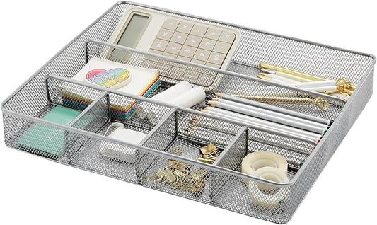 Annova Desk Top Organizer Tray for Office Organization - Metal Mesh - Storage Tray with Dividers for Pens, Desktop Accessories, Bathroom, Kitchen, Makeup and Office Supplies (Large, Silver)-NeatNest
