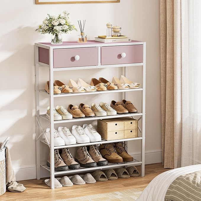 Shoe Rack for Entryway, 5 Tier Shoe Organizer with 2 Non-Woven Drawers, Metal Storage Shoe Shelf for 16-20 Pairs of Shoes, with Wooden Top and Steel Frame, Shoe Stand for Closet Pink-NeatNest