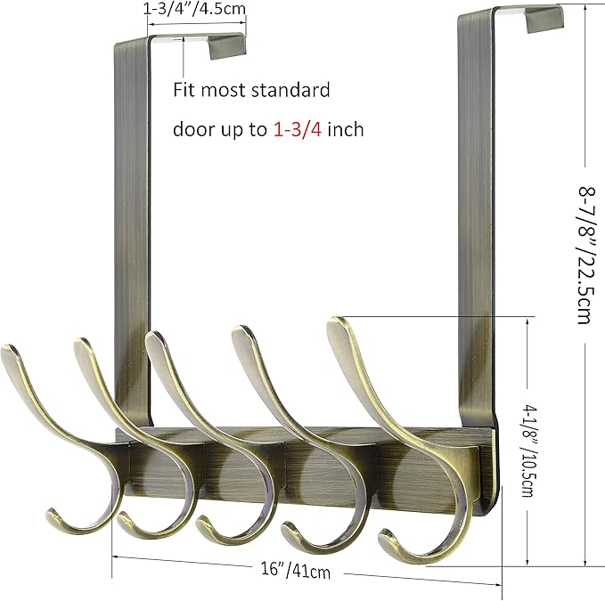 WEBI Over The Door Hook 5 Coat Hooks,Over The Door Towel Rack,Door Hanger Over Door Coat Rack for Hanging Clothes,Towels,Back of Bathroom,Bronze,2 Packs