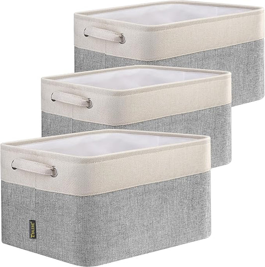 BALEINE 3 Pack Fabric Storage Bins for Shelves, Linen Storage Baskets for Organizing, Decorative Closet Bins for Clothes, Home (Grey, 15"x11"x9.5")-NeatNest