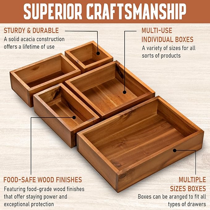 Demigo Acacia Drawer Organizer Set of 5, Cabinet Container Box, Wood Bin Set in Varied Sizes, Dividers Holder for Storage Cooking Utensils Spices Tea Bags Foods Office Items (Brown)-NeatNest