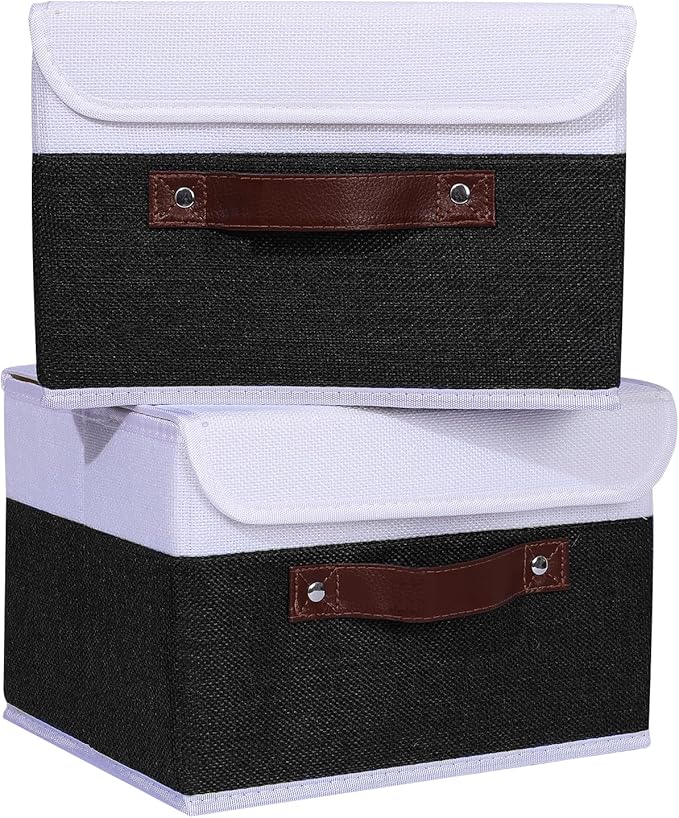 ANMINY 4PCS Storage Boxes with Lid Washable Decorative Storage Bins Basket with PU Leather Handle Foldable Linen Fabric Storage Cubes Containers for Home Closet Organizer - Black White, Small Size-NeatNest