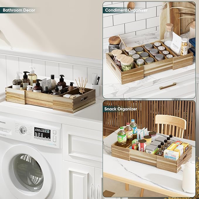 Expandable Lid Organizers Inside Cabinet, Kitchen Cabinet Organizers with 3 Adjustable Dividers, Storage Plastic Lids, Food Container Lid Holder Organizer for Drawer Pantry, Acacia