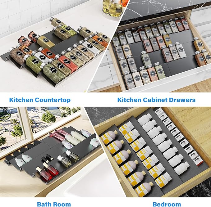 Expandable Spice Drawer Organizer for 11.5" to 23" Kitchen Cabinets Drawer, Adjustable 4 Tier Spice Rack Tray Insert, Food Seasoning Jars Storage, Aluminum-NeatNest