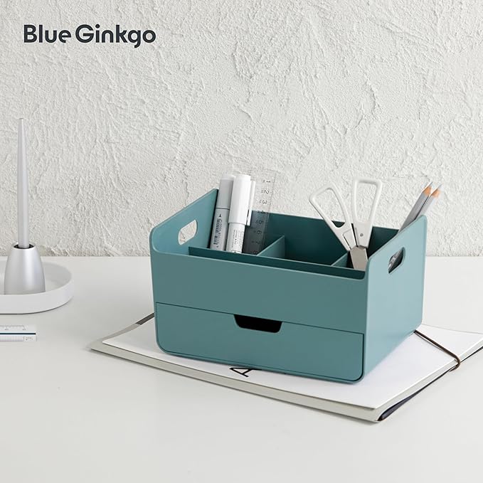 BLUE GINKGO Portable Desk Organizer – Compact 3 Compartment, Half-drawer Storage – Pen Holder, Stationery Desktop Organizer for Office, Makeup, Crafts (Made in Korea, Green)-NeatNest
