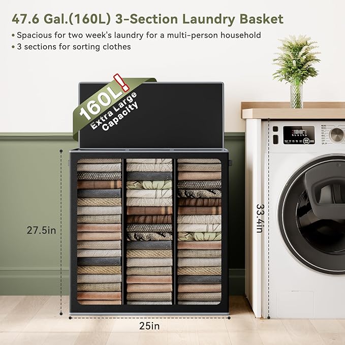 SOLEDI 160L Laundry Hamper 3 Section, Extra Large Laundry Hamper with Lid, Dirty Clothes Hamper with Sturdy Handle, Large Laundry Basket Organizer for Laundry Room, Bedroom, Hampers for Laundry-NeatNest