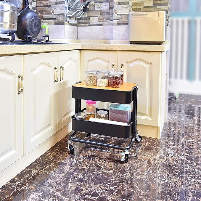 2-Tier Metal Utility Rolling Cart Storage Side End Table with Cover Board for Office Home Kitchen Organization, Black
