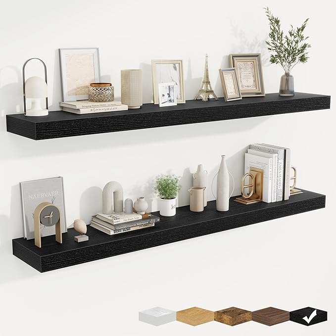 fuqing Floating Shelves for Wall, Bathroom Shelf Wall Mounted for Storage, Shelves with Invisible Bracket for Bedroom, Kitchen, Living Room, Farmhouse Small Book Shelf, 55 Inch Set of 2, Black-NeatNest