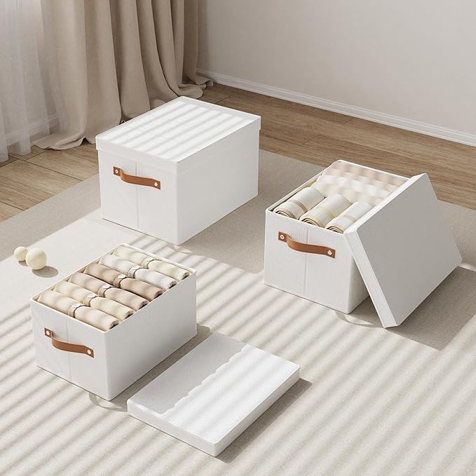 Fabric Storage Bins, Clothes Boxes for Shelves with Lids, Baskets for Organizing with Handles, Decorative Linen Closet Organizers, White, 1 Pack, 15 x 9.8 x 8.3 Inch-NeatNest
